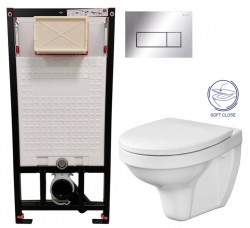 DEANTE Podomítkový rám, pro závěsné WC mísy + SLIM tlačítko chrom + WC CERSANIT DELFI + SOFT SEDÁTKO (CST_WC01 051P DE2)