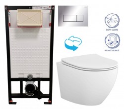 DEANTE Podomítkový rám, pro závěsné WC mísy + SLIM tlačítko chrom + WC CERSANIT DESSE VORTEX + SEDÁTKO (CST_WC01 051P ES1)