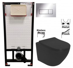 DEANTE Podomítkový rám, pro závěsné WC mísy + SLIM tlačítko chrom + WC REA CARLO MINI RIMLESS ČERNÝ MAT + SEDÁTKO (CST_WC01 051P MM1)