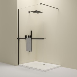 Erga Paris, sprchová zástěna Walk-In 120x200 cm s poličkou a ramínkem na ručníky, 8mm čiré sklo, černý profil, ERG-V02-PARIS