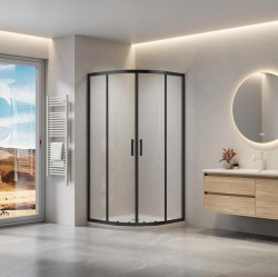 Erga Peoria, čtvrtkruhový sprchový kout s posuvnými dveřmi 100(dveře) x 100(stěna) x 190 cm, 6mm čiré sklo, černý profil, ERG-Q02-PEORIA-D100D100-CL… (ERG-Q02-PEORIA-D10