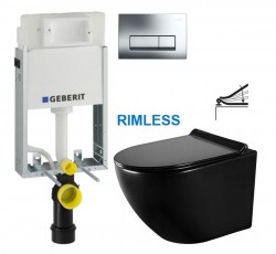 GEBERIT KOMBIFIXBasic vč. chromového tlačítka DELTA 51 + WC MEXEN LENA ČERNÁ Rimless + SEDÁTKO (110.100.00.1 51CR ME01)