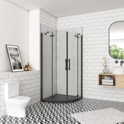 H K - Čtvrtkruhový sprchový kout MELODY BLACK S2 90x90  s dvoukřídlými dveřmi, černý profil, včetně sprchové černé vaničky z litého mramoru (MELODYBLACKS290/BLACKSTAR99RSET)