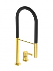 IDEAL STANDARD - Gusto Dřezová baterie s flexibilním ramenem a sprškou, 2-otvorová instalace, kartáčované zlato/černá (BD425A2)