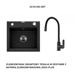 INVENA - Granitový dřez TESALIA, černý s automatickým sifonem, chrom + baterie JOGA PLUS (AZ-01-041-SET)