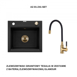INVENA - Granitový dřez TESALIA, černý s automatickým sifonem, zlatý + baterie GLAMOUR (AZ-01-Z41-SET)