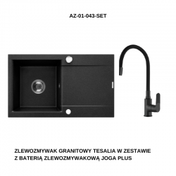 INVENA - Granitový dřez TESALIA dlouhý odkap, černý s automatickým sifonem, chrom + baterie JOGA PLUS (AZ-01-043-SET)