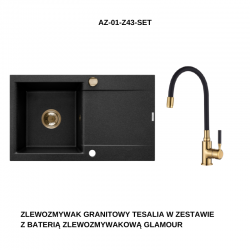 INVENA - Granitový dřez TESALIA dlouhý odkap, černý s automatickým sifonem, zlatý + baterie GLAMOUR (AZ-01-Z43-SET)