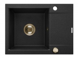 INVENA - Granitový dřez TESALIA krátký odkap, černý s automatickým sifonem, zlatý (AZ-01-Z42-B)