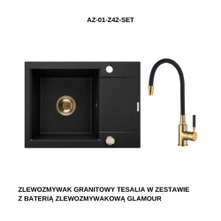 INVENA - Granitový dřez TESALIA krátký odkap, černý s automatickým sifonem, zlatý +baterie GLAMOUR (AZ-01-Z42-SET)