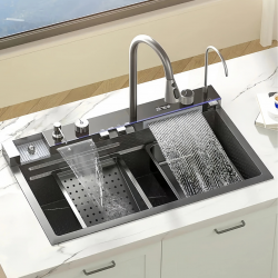 Jednokomorový ocelový dřez s dvojitým vodopádem 75 x 45 cm, PVD grafit, VELAZO VELAZ(7545HQ)