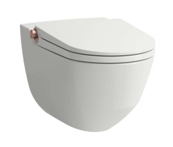 Laufen - Cleanet Riva Elektronický bidet s keramikou, závěsný, Rimless, SoftClose, matná bílá/leštěné růžové zlato (H8206917640001)