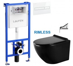 LAUFEN Rámový podomítkový modul CW1 SET s bílým tlačítkem + WC MEXEN LENA ČERNÁ Rimless + SEDÁTKO (H8946600000001BI ME01)