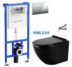 LAUFEN Rámový podomítkový modul CW1 SET s chromovým tlačítkem + WC MEXEN LENA ČERNÁ Rimless + SEDÁTKO (H8946600000001CR ME01)