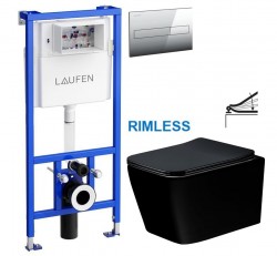LAUFEN Rámový podomítkový modul CW1 SET s chromovým tlačítkem + WC MEXEN TEO ČERNÁ Rimless + SEDÁTKO (H8946600000001CR ME02)