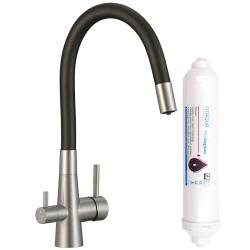 Laveo - Riveco  - dřezová baterie stojánková s elastickým ramenem + filtr, kartáčovaná ocel (BRIB768D)