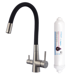 Laveo - Riveco  - dřezová baterie stojánková s elastickým ramenem + filtr, kartáčovaná ocel (BRIB768D)