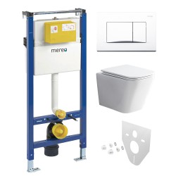 Mereo WC set - Rimless WC hranaté, modul pro sádrokarton, bílé hranaté tlačítko (MM02NSETRS320)