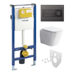 Mereo WC set - Rimless WC hranaté, modul pro sádrokarton, černé hranaté tlačítko (MM02NSETRS331)