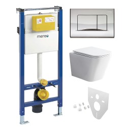 Mereo WC set - Rimless WC hranaté, modul pro sádrokarton, chrom hranaté tlačítko lesklé (MM02NSETRS322)