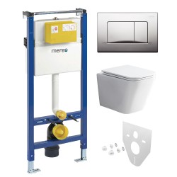 Mereo WC set - Rimless WC hranaté, modul pro sádrokarton, chrom hranaté tlačítko matné (MM02NSETRS321)