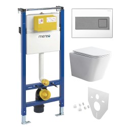 Mereo WC set - Rimless WC hranaté, modul pro sádrokarton, hranaté tlačítko bílá/chrom (MM02NSETRS330)