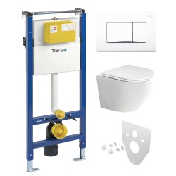 Mereo WC set - Rimless WC oblé, modul pro sádrokarton, bílé hranaté tlačítko (MM02NSETRS220)