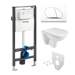 Mereo WC set - Rimless WC oblé, modul pro sádrokarton, bílé oválné tlačítko (MM02NSETRS110)