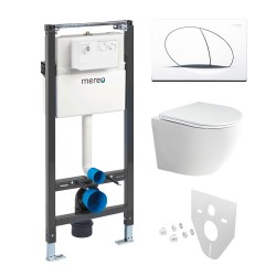Mereo WC set - Rimless WC oblé, modul pro sádrokarton, bílé oválné tlačítko (MM02NSETRS210)