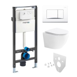 Mereo WC set - Smart flush rimless WC oblé, modul pro sádrokarton, bílé hranaté tlačítko (MM02NSETRT220)