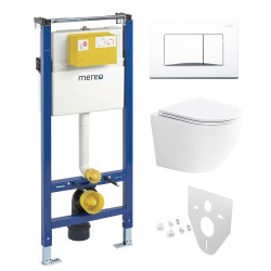Mereo WC set - Smart flush rimless WC oblé, modul pro sádrokarton, bílé hranaté tlačítko (MM02NSETRT220)
