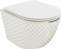 MEXEN - Lena Závěsná WC mísa včetně sedátka s slow-slim, duroplast, bílá/zlatý vzor (30224009)