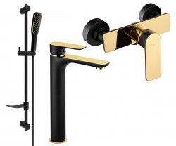 MEXEN/S - Alfa DF49 Set umyvadlové a sprchové baterie s příslušenstvím, černo/zlatá (745714DF49-75)