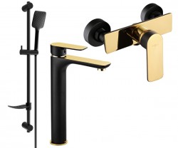 MEXEN/S - Alfa DF62  SET umyvadlová baterie + sprchová s příslušenstvím, černá/ zlatá (745714DF62-75)
