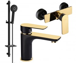 MEXEN/S - Alfa DQ40 Set umyvadlové a sprchové baterie s příslušenstvím, černo/zlatá (745704DQ40-75)