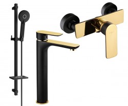 MEXEN/S - Alfa DQ40 Set umyvadlové a sprchové baterie s příslušenstvím, černo/zlatá (745714DQ40-75)