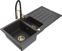 MEXEN/S - Andres granitový dřez s odkapávačem včetně baterie Aster, černá kropenatá (6515-76-73450-57-G)