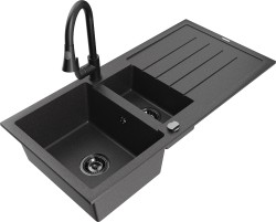 MEXEN/S - Andres granitový dřez s odkapávačem včetně baterie Elia, černá nakrapiany (6515-76-670101-70-B)