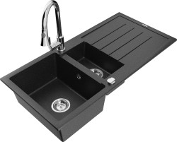 MEXEN/S - Andres granitový dřez s odkapávačem včetně baterie Elia, černá/stříbrná metalik (6515-73-670101-00)
