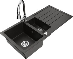 MEXEN/S - Andres granitový dřez s odkapávačem včetně baterie Elia, černá/zlatá metalik (6515-75-670101-00)