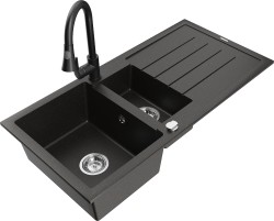 MEXEN/S - Andres granitový dřez s odkapávačem včetně baterie Elia, černá/zlatá metalik (6515-75-670101-70)