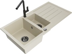 MEXEN/S - Andres granitový dřez s odkapávačem včetně baterie Flora, béžová (6515-69-670401-70-B)