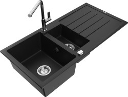 MEXEN/S - Andres granitový dřez s odkapávačem včetně baterie Flora, černá (6515-77-670401-00)