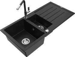 MEXEN/S - Andres granitový dřez s odkapávačem včetně baterie Flora, černá (6515-77-670401-07)