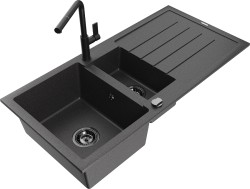MEXEN/S - Andres granitový dřez s odkapávačem včetně baterie Flora, černá kropenatá (6515-76-670401-70-B)