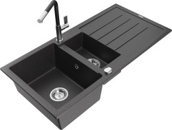 MEXEN/S - Andres granitový dřez s odkapávačem včetně baterie Flora, černá nakrapiany (6515-76-670401-07)