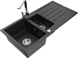 MEXEN/S - Andres granitový dřez s odkapávačem včetně baterie Rita, černá/zlatá metali (6515-75-670300-00)