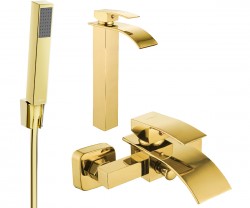 MEXEN/S - Aries R77 Set umyvadlové a vanové baterie s příslušenstvím, zlato (744813R77-50)