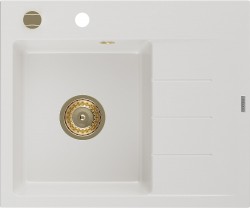 MEXEN/S - Ben granitový dřez 1 s odkapávačem levý 600 x 500 mm, bílá, sifon zlatá (6522605000-20-G)