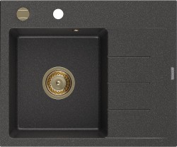 MEXEN/S - Ben granitový dřez 1 s odkapávačem levý 600 x 500 mm, černá kropenatá, sifon zlatá (6522605000-76-G)